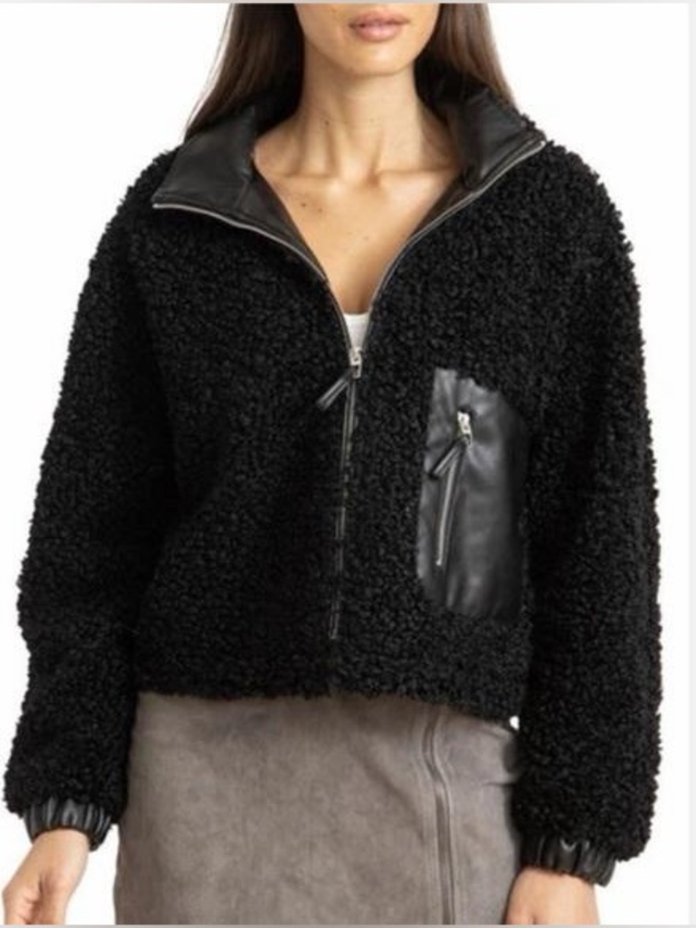BLANKNYC Black Faux Shearling Sherpa Cropped Bomber Jacket M